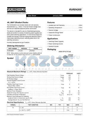 RUR420 datasheet - 4A, 200V Ultrafast Diodes