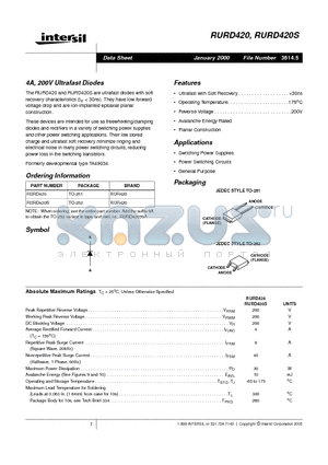 RURD420S datasheet - 4A, 200V Ultrafast Diodes