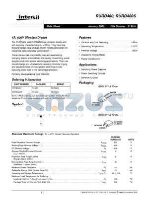 RURD460 datasheet - 4A, 600V Ultrafast Diodes