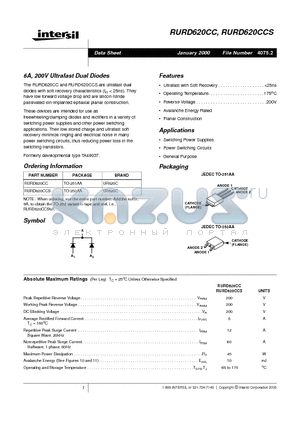 RURD620CC datasheet - 6A, 200V Ultrafast Dual Diodes