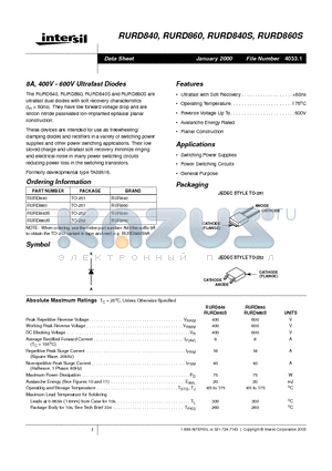 RURD860 datasheet - 8A, 400V - 600V Ultrafast Diodes