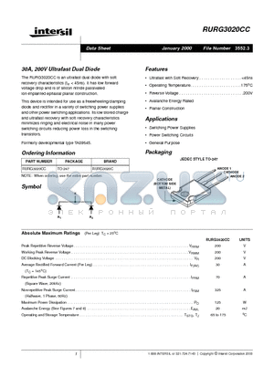 RURG3020CC datasheet - 30A, 200V Ultrafast Dual Diode