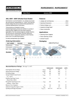 RURG3040CC datasheet - 30A, 400V - 600V Ultrafast Dual Diodes