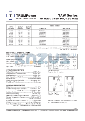 TAW-3D2412 datasheet - DC/DC CONVERTERS 4:1 Input, 24-pin DIP, 1.5-3 Watt