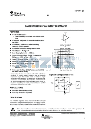 TLV3701-EP datasheet - NANOPOWER PUSH-PULL OUTPUT COMPARATOR