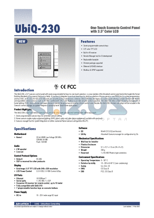 UBIQ-230 datasheet - One-Touch Scenario Control Panel with 3.5