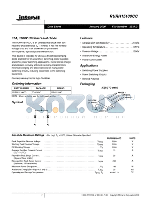 RURH15100CC datasheet - 15A, 1000V Ultrafast Dual Diode