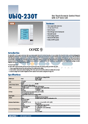 UBIQ-230T datasheet - One-Touch Scenario Control Panel with 3.5 Color LCD
