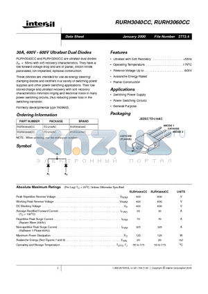 RURH3040CC datasheet - 30A, 400V - 600V Ultrafast Dual Diodes