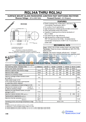 RGL34 datasheet - SURFACE MOUNT GLASS PASSIVATED JUNCTION FAST SWITCHING RECTIFIER