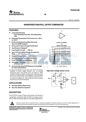 TLV3701QDBVREP datasheet - NANOPOWER PUSH-PULL OUTPUT COMPARATOR