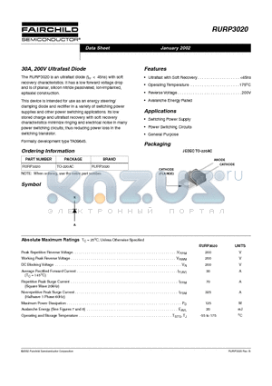 RURP3020 datasheet - 30A, 200V Ultrafast Diode