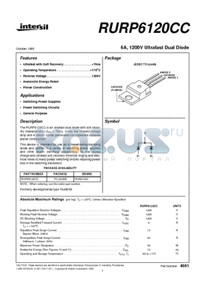 RURP6120CC datasheet - 6A, 1200V Ultrafast Dual Diode