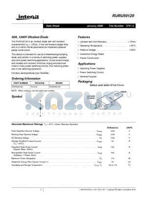 RURU50120 datasheet - 50A, 1200V Ultrafast Diode