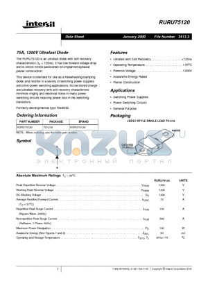 RURU75120 datasheet - 75A, 1200V Ultrafast Diode