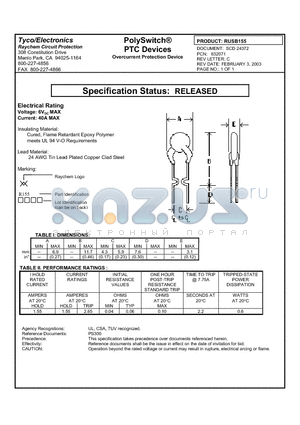 RUSB155 datasheet - Poly Switch PTC DEVICES