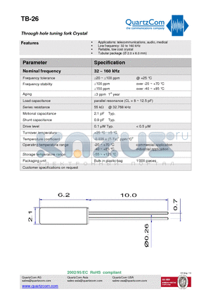 TB-26 datasheet - Through hole tuning fork Crystal Low frequency: 32 to 160 kHz