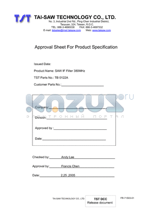 TB0122A datasheet - SAW IF Filter 380MHz