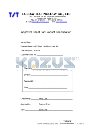 TB0137A datasheet - SAW Filter 280 MHz for WLAN