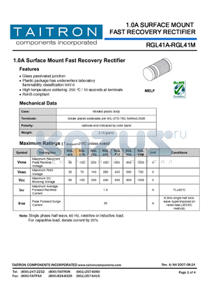 RGL41A datasheet - 1.0A Surface Mount Fast Recovery Rectifier