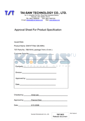 TB0191A datasheet - SAW IF Filter 326.4MHz