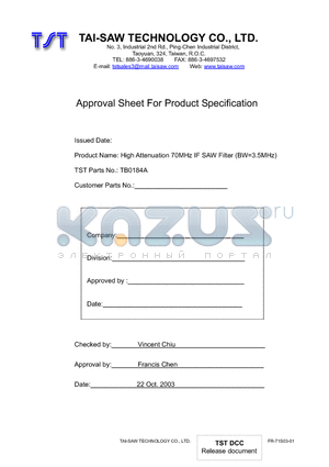 TB0184A datasheet - High Attenuation 70MHz IF SAW Filter (BW=3.5MHz)