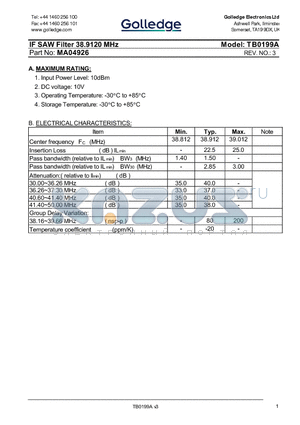 TB0199A datasheet - IF SAW Filter 38.9120 MHz