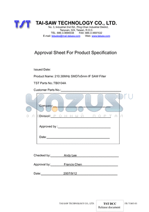 TB0104A datasheet - 210.38MHz SMD7x5mm IF SAW Filter