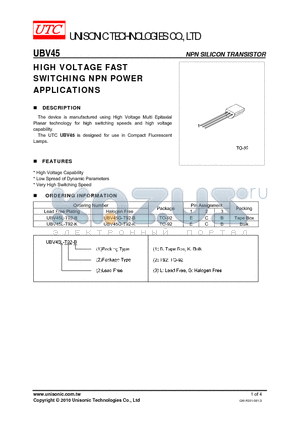 UBV45L-T92-K datasheet - HIGH VOLTAGE FAST SWITCHING NPN POWER APPLICATIONS