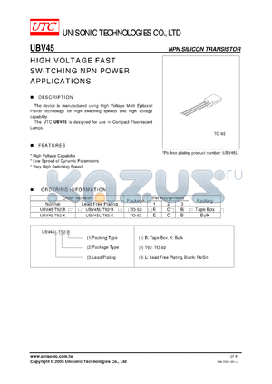 UBV45L-T92-B datasheet - HIGH VOLTAGE FAST SWITCHING NPN POWER APPLICATIONS