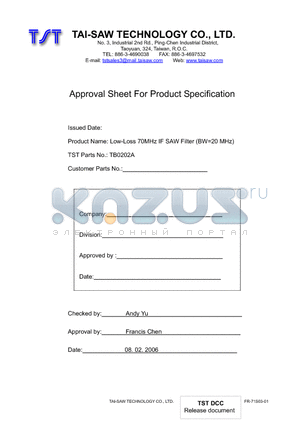 TB0202A datasheet - Low-Loss 70MHz IF SAW Filter (BW=20 MHz)