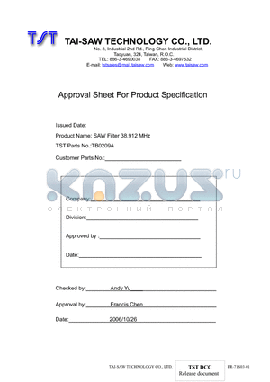 TB0209A datasheet - SAW Filter 38.912 MHz