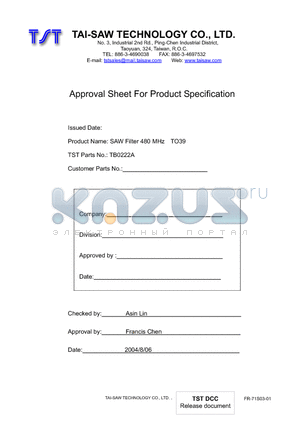 TB0222A datasheet - SAW Filter 480 MHz TO39