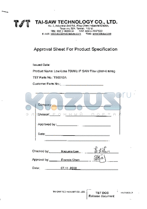 TB0212A datasheet - Low-Loss 70 MHz IF SAW Filter (SMD 13.36.5 mm)