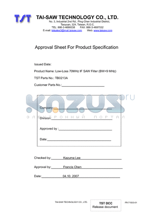 TB0213A datasheet - Low-Loss 70MHz IF SAW Filter (BW=9 MHz)