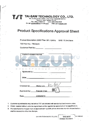 TB0204A datasheet - IF SAW Filter 261.12MHz(BW=5MHz) SMD 13.3X6.5mm