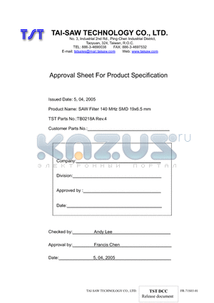 TB0218A datasheet - SAW Filter 140 MHz SMD 19x6.5 mm