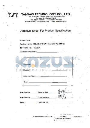 TB0232A datasheet - 140 MHz IF SAW Filter (DIP 20.212.6 mm)