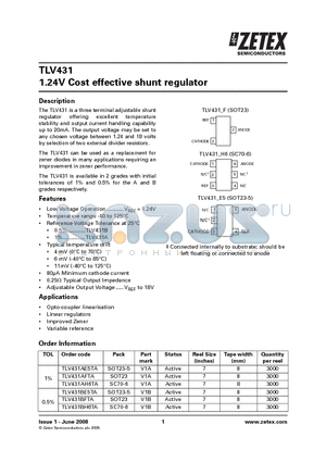 TLV431AFTA datasheet - 1.24V Cost effective shunt regulator