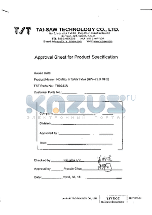 TB0233A datasheet - 140 MHz IF SAW Filter (DIP 20.212.6 mm)