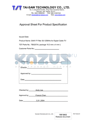 TB0257A datasheet - SAW IF Filter 36.125MHz for Digital Cable TV