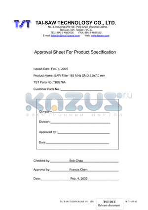 TB0276A datasheet - SAW Filter 163 MHz SMD 5.0x7.0 mm