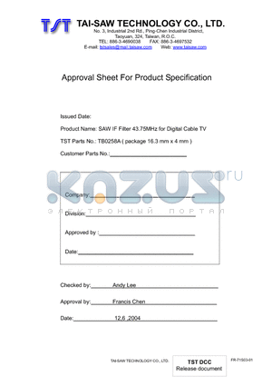 TB0258A datasheet - SAW IF Filter 43.75MHz for Digital Cable TV