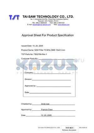 TB0278A datasheet - SAW Filter 70 MHz SMD 19x6.5 mm