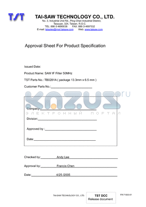 TB0281A datasheet - SAW IF Filter 50MHz