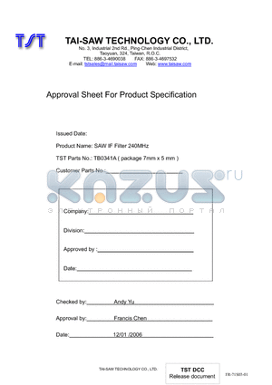 TB0341A datasheet - SAW IF Filter 240MHz