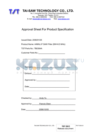 TB0364A datasheet - 44MHz IF SAW Filter (BW=6.5 MHz)