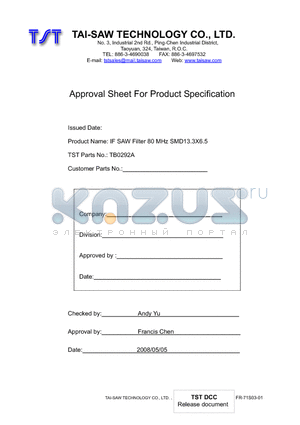 TB0292A datasheet - IF SAW Filter 80 MHz SMD13.3X6.5