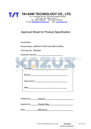 TB0358A datasheet - 260MHz IF SAW Filter (BW=30 MHz)