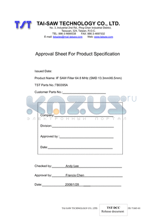 TB0395A datasheet - IF SAW Filter 64.8 MHz (SMD 13.3mmX6.5mm)